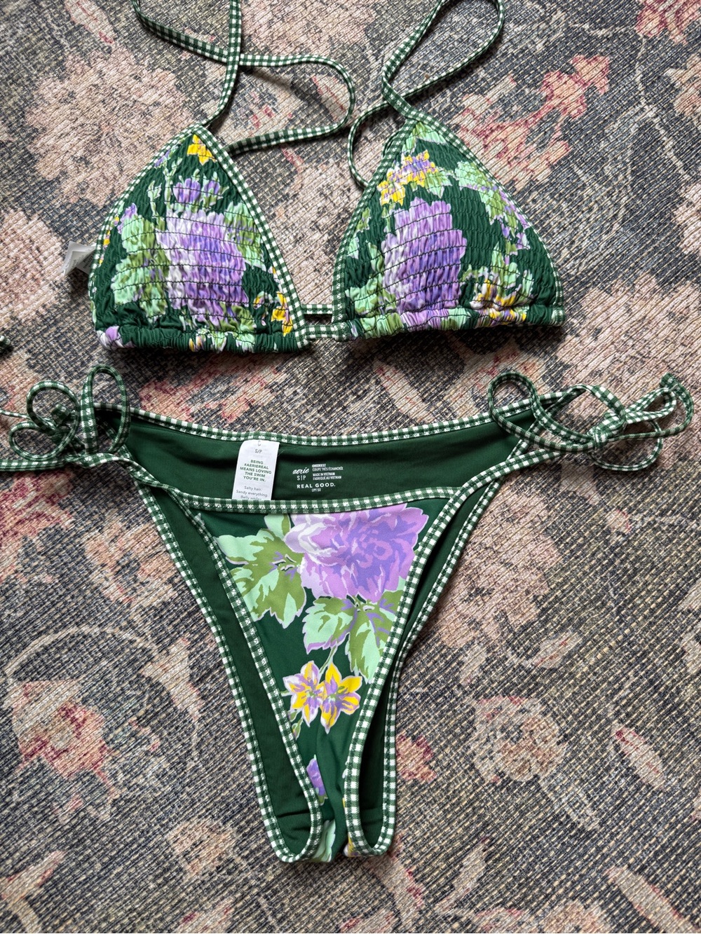 Aerie swim Green Floral Gingham Trim for Bikini Set